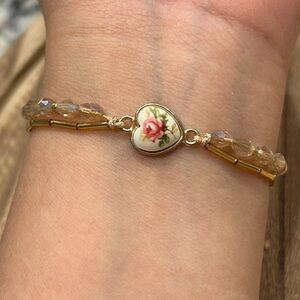 Adjustable Floral Heart Gold Bracelet/ crystals and glass beads